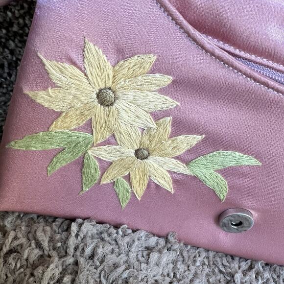 Women's Dolce Vita Pink Satin Embroidered Floral Flap Clutch Wedding Cocktail - Picture 6 of 12